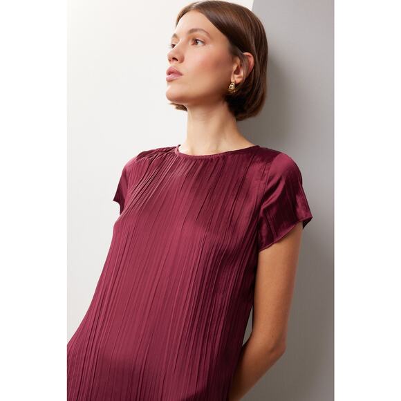 Madewell Mulberry Wine Oversized Short-Sleeve Slip Midi Dress Plissé Size XS - Picture 5 of 15